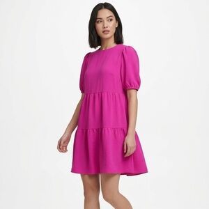 DKNY Bright Pink Tiered Baby Doll Dress Puff Sleeve Size 8